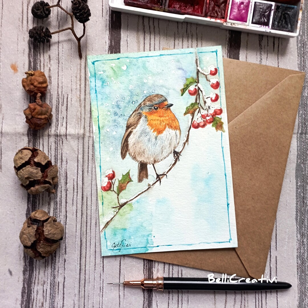 Original Watercolor Robin Bird Postcard - Winter Wildlife Art - Unique ...