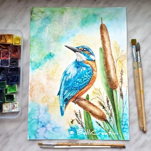Acquerello originale – Martin pescatore tra le canne – dipinto naturalistico A4 firmato