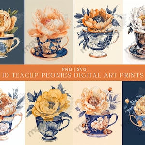 10 Clipart floral de tasse de thé, service à thé, clipart aquarelle imprimable, PNG de haute qualité, téléchargement numérique, créations en papier, journaux indésirables, pivoines