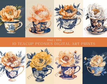 Floral Teetasse Pfingstrose Clipart: Aquarell PNG, SVG (Digital Download)