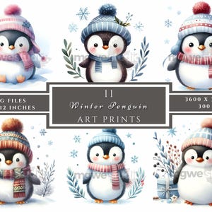Watercolor Winter Penguin Clipart: JPG Art Prints (Digital Download)