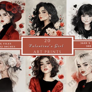Valentine&#39;s Girl JPG Clipart, 20 Fashion Holiday Illustrations, Stylish Valentine Girl Clipart, Heart Season Clipart, Digital Download