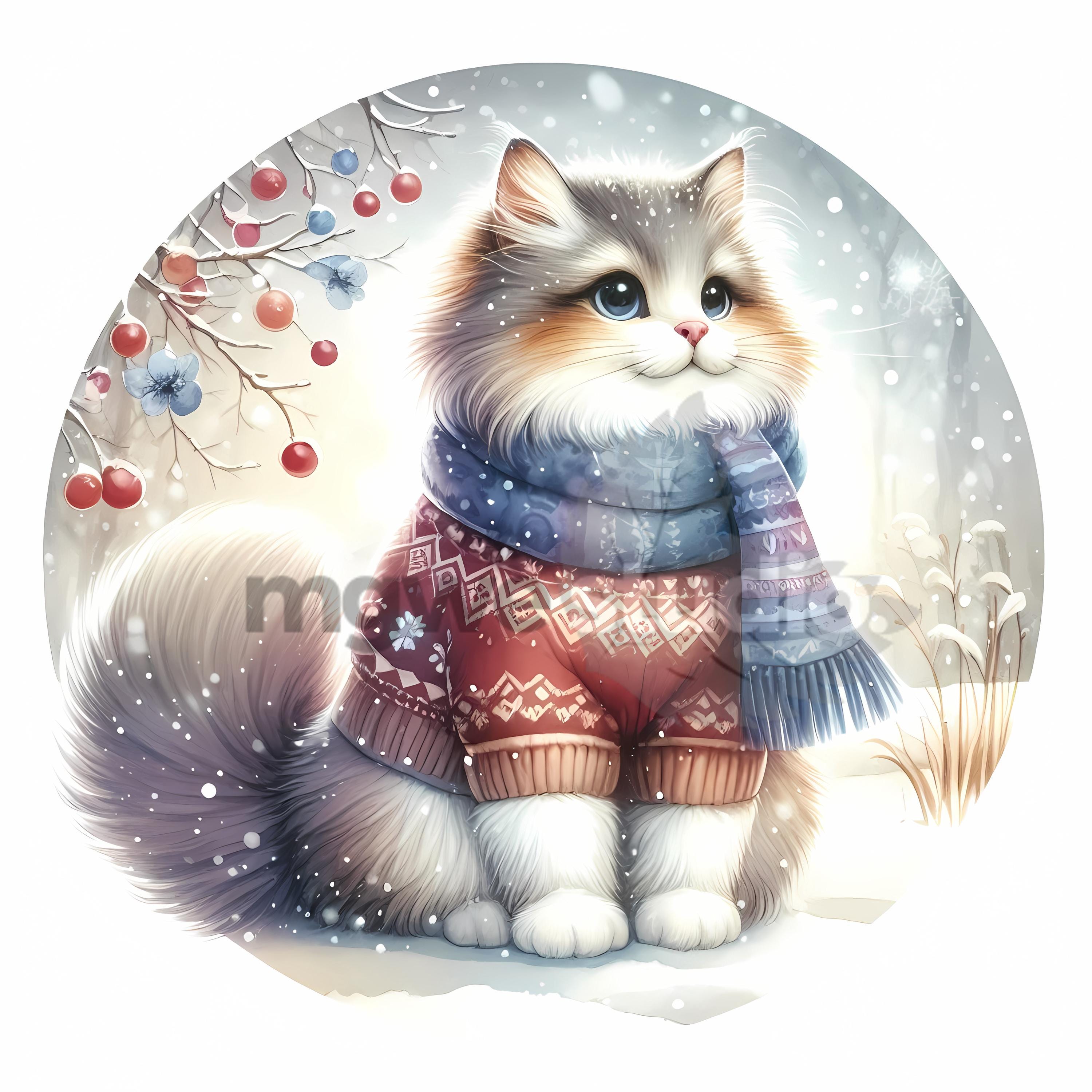 Winter Cat Watercolor Clipart Set, 11 JPG Files of Cats in Scarves for ...