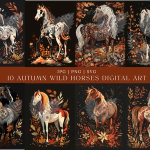10 wilde Pferde Clipart, Herbst-Set, druckbare Aquarell Clipart, hohe Qualität PNG, digitaler Download, Papiermodell, Junk Journals, Pferde PNG