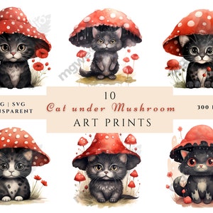 Gato Clipart Boho Impressão de arte digital transparente, PNG download instantâneo Clipart de cogumelo, Animal fofo Arte digital Subliminal Cottagecore
