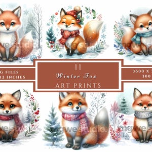 11 hiver renard clipart JPG, clipart aquarelle imprimable, téléchargement numérique hiver renard mignon, haute résolution, créations en papier, journal indésirable