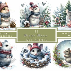 Imágenes prediseñadas de ratón de invierno, uso comercial, imágenes prediseñadas de acuarela, descarga digital, fabricación de tarjetas, imágenes prediseñadas, manualidades de papel digitales, diario basura, JPG