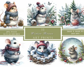 Wintermuis clipartset, 11 JPG aquarel kerstmuisbestanden voor kerstkaarten, scrapbooking en seizoensgebonden knutselprojecten.