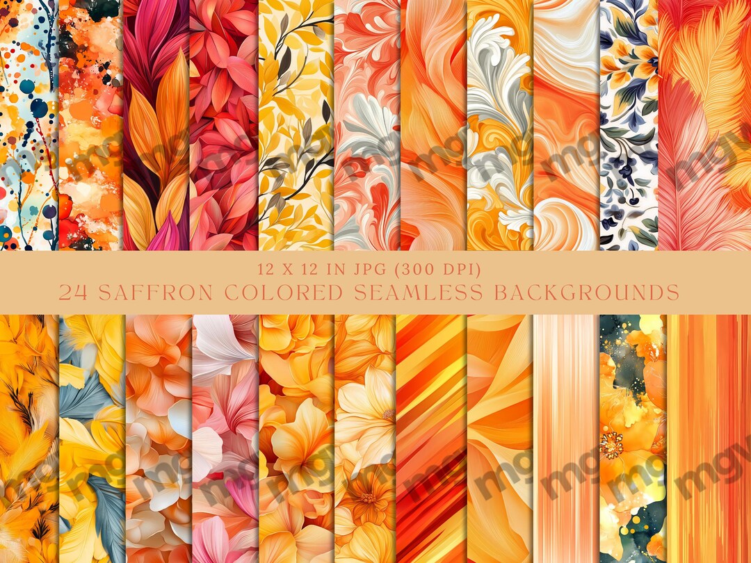 Saffron Floral Seamless Patterns: Yellow Orange Botanical Backgrounds ...