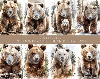 Grizzly Bear Watercolor Clipart, Bear Art (Digital Download)