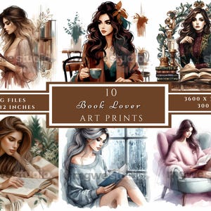 Clipart de chica amante de los libros en acuarela, 10 jpg, descarga digital, creación de tarjetas, diario basura, álbum de recortes digital, manualidades con papel digital, universidad