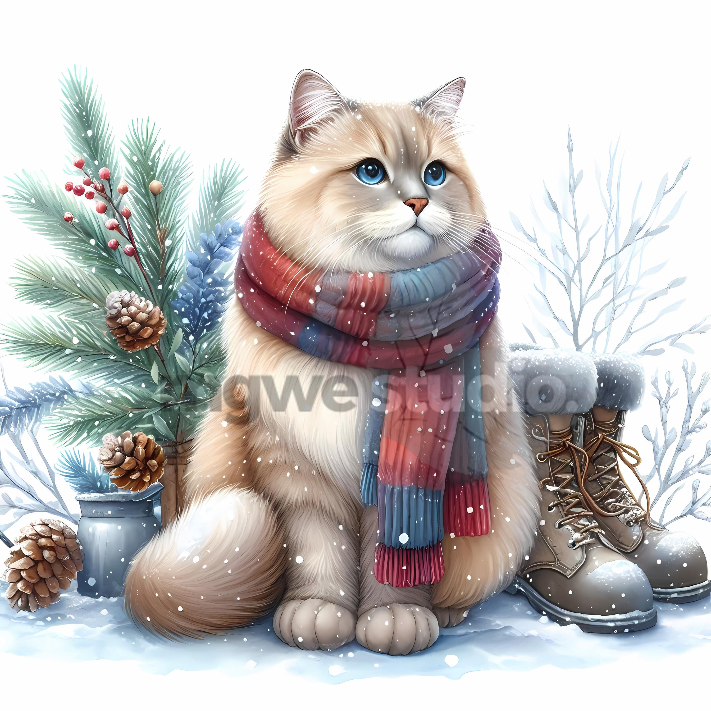 Winter Cat Watercolor Clipart Set, 11 JPG Files of Cats in Scarves for ...