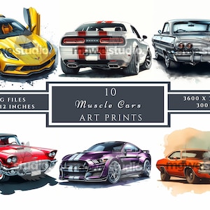 Car Clipart, Muscle Car Images, 10 Watercolor Clip Art, Printable JPGs, Instant Download, Commercial Use, Paper craft, Junk Journal