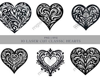 May include: A collection of six black laser-cut heart designs with intricate floral and scroll patterns. The hearts vary in style, with some featuring openwork and others solid fills. Text at the bottom reads "10 LASER CUT CLASSIC HEARTS".