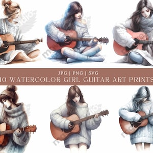 Aquarel meisje met gitaar clipart, muzikale PNG, gitaar illustraties, Boho Girl graphics, Boho beelden, gezellige meisje digitale kunst, hoge kwaliteit