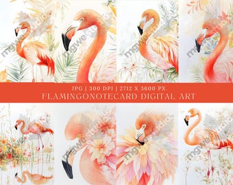 Flamingo Watercolor Clipart: Notecard Graphic Set (Digital Download)