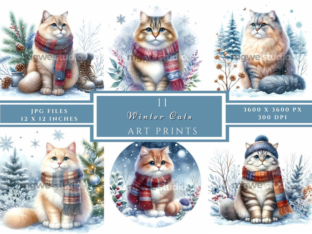 16 Winter Cat Clipart Jpgs, Printable Watercolor Clipart, Winter Cute ...