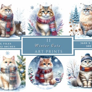 11 Winter Katze Clipart JPGs, druckbare Aquarell Clipart, Winter süße Katzen, Digital Download, hohe Auflösung, Papierhandwerk, Junk Journal