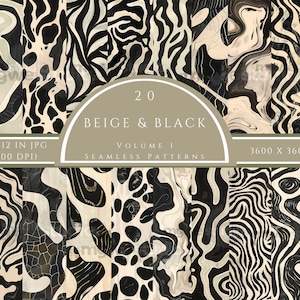 Könnte beinhalten: 20 nahtlose Muster in Beige und Schwarz mit abstrakten, wellenförmigen Linien und Formen. Die Muster sind 12 Zoll mal 12 Zoll groß und haben 300 DPI. Die Muster sind 3600 Pixel mal 3600 Pixel groß.