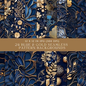 Blue and Gold Digital Paper Floral Seamless Deco Background Digital Download High Quality Backdrop Floral Digital Paper, Vintage Botanical