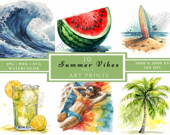 夏の水彩画クリップアート：ビーチのデジタルプリント（SVG、PNG、JPG）
