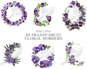 Watercolor Viola Floral Border Clipart: PNG & SVG, Transparent Frames (Digital Download)