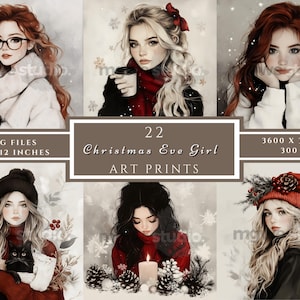 Christmas Eve Girl JPG Clipart, 22 Modne Ilustracje Świąteczne, Stylowa Dziewczyna Świąteczna Clipart, Clipart Sezonu Świątecznego, Pobieranie Cyfrowe