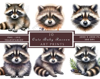 Watercolor Raccoon Clipart, Baby Animal PNG SVG (Digital Download)