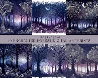 Clipart de Bosque Encantado en Acuarela: Bosque Oscuro PNG, SVG, JPG (Descarga Digital)