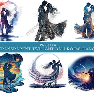 May include: Ten digital illustrations of couples dancing in a starry night sky. The silhouettes of the dancers are filled with stars and planets. The background features a variety of colors and textures, including clouds, water, and swirling patterns.