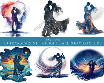 May include: Ten digital illustrations of couples dancing in a starry night sky. The silhouettes of the dancers are filled with stars and planets. The background features a variety of colors and textures, including clouds, water, and swirling patterns.