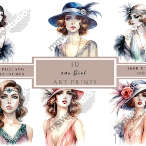 Aquarell Mädchen Clipart, 10 jpg, 20-er Jahre Mädchen, digitaler Download, Wandkunst, Kartenherstellung, Junk Journal, digitales Scrapbooking, digitales Papierhandwerk