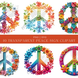 Può includere: Dieci immagini clipart di segno di pace colorate con motivi floreali. Ogni segno di pace è composto da fiori di diversi colori, tra cui rosso, arancione, giallo, verde, blu e viola.