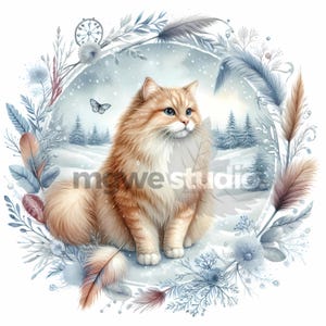 16 Winter Cat Clipart Jpgs, Printable Watercolor Clipart, Winter Cute ...