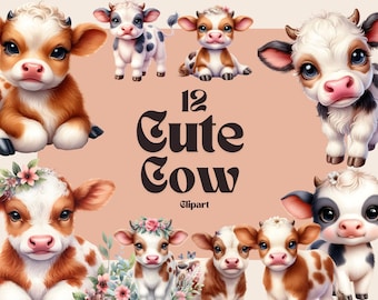 Baby Cow Watercolor Clipart, Nursery Art (Digital Download)