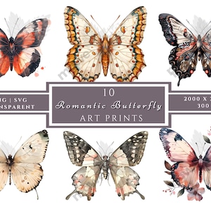 Butterfly Clipart Bundle Watercolor Butterfly Transparent Digital Art Print, PNG Instant Download Romantic Butterfly Insect Clipart, Nature