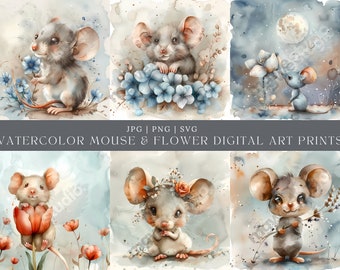 Aquarell-Maus-Clipart-Bundle, 10 florale Waldmaus-Designs in JPG, PNG und SVG für Kinderzimmerdekoration und Cottagecore-Projekte