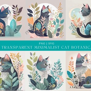 May include: A collection of ten minimalist cat botanical illustrations in PNG and SVG formats. Each image features a stylized cat surrounded by colorful foliage. The cats have various coat patterns and colors, set against a neutral background.
