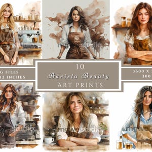 Clipart macchina per il caffè, 10 jpg Clipart barista, acquerello Donna del caffè, Donna della caffetteria Clipart barista, acquerello del caffè, latte art