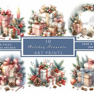Christmas Gift Clipart, Commercial use, Watercolor Clipart, Digital Download, Card Making, Clip Art, Digital Paper Craft, Junk Journal, JPG