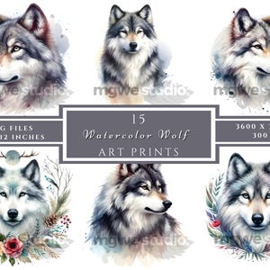 15 Watercolor Wolf Clipart JPGs, Printable Watercolor clipart, Wolf Digital Download, High Resolution, Paper crafts, Junk Journal, Woodland