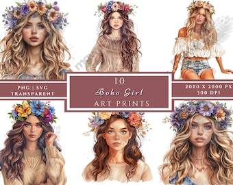 Conjunto de imágenes prediseñadas de estilo bohemio, 10 archivos PNG y SVG de retratos en acuarela con coronas florales para agendas, álbumes de recortes y diarios creativos.