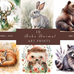Animal Watercolor Clipart Boho Clipart Woodland Animal Digital Prints High Quality Digital Download Paper Craft Junk Journal Floral Clip Art