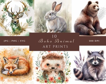 Boho Animal Watercolor Clipart: Woodland Prints (Digital Download)