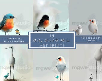 Clipart de pájaro en acuarela: Arte de pajarito y mamá (Descarga digital)