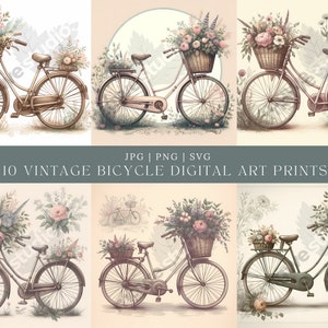 10 Vintage Fahrrad Clipart, Shabby Chic, druckbare Aquarell Clipart, hochwertige JPGs, digitaler Download, Papierhandwerk, Junk Journal