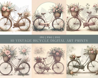 10 Vintage Floral Bicycle Clipart: Shabby Chic Watercolor (Digital Download)