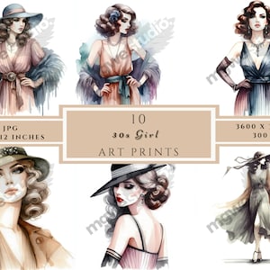 Aquarell Mädchen, Clipart, 10 jpg, 30-er Jahre Mädchen, digitaler Download, Wand Kunst, Karten machen, Junk Journal, digitales Scrapbooking, digitales Papierhandwerk