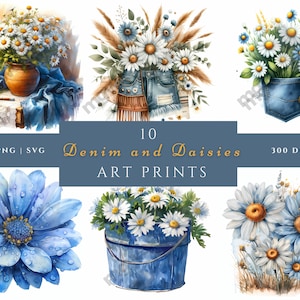 Könnte beinhalten: Zehn digitale Kunstdrucke mit Gänseblümchen und Jeans. Die Drucke zeigen Gänseblümchen in einer Vase, eine Jeans-Tasche, einen Jeans-Eimer und eine Jeans-Shorts. Die Drucke haben eine Auflösung von 300 DPI und sind in den Formaten JPG, PNG und SVG verfügbar.