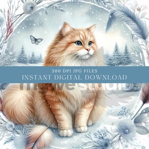 16 Winter Cat Clipart Jpgs, Printable Watercolor Clipart, Winter Cute ...
